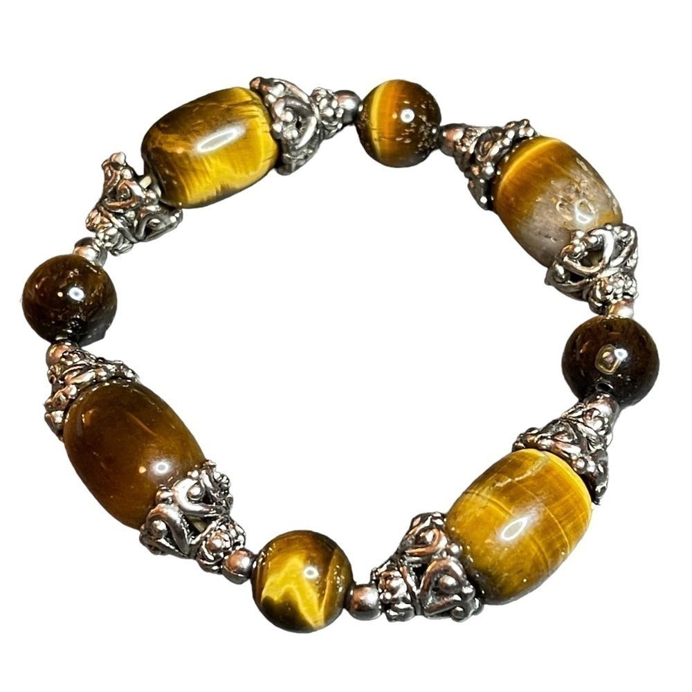 Vintage Tigers Eye & Silver Toned‎ Scrolled Beaded Stretch Bracelet.
